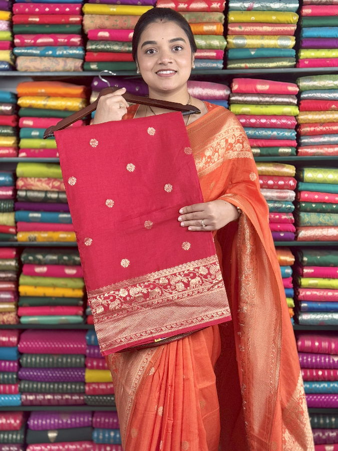 Mashru Silk Kanchi Border Butta Red Saree