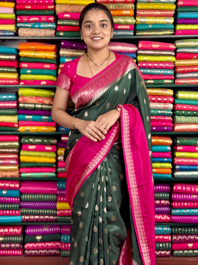 Mashru Silk GapBorder BottleGreen And Pink Saree