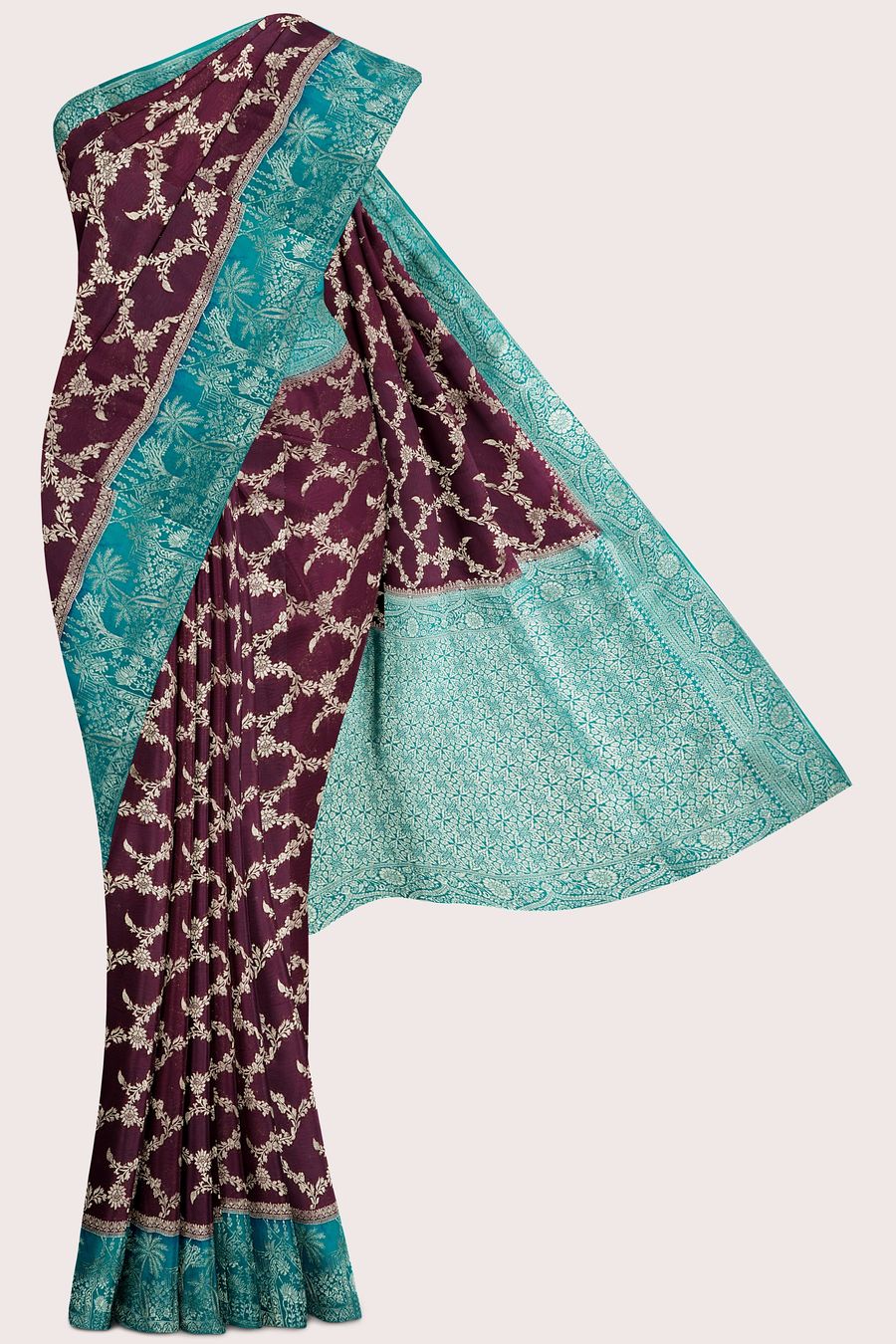 Mashru Silk Emboose Weaving Wine And Maroon Mix With Rama Green Saree