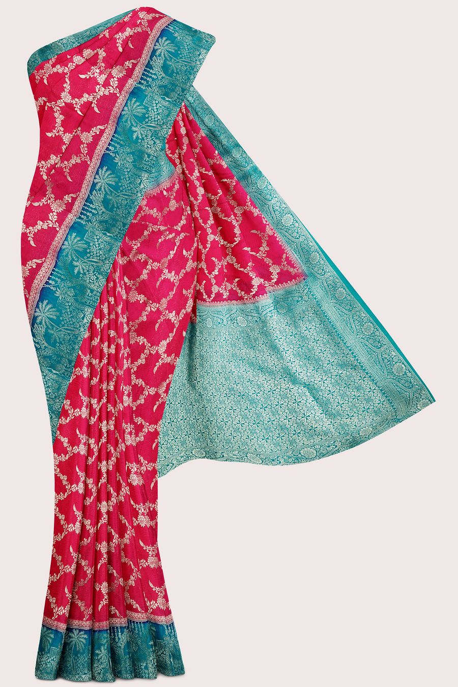 Mashru Silk Emboose Weaving Brint Pink With Rama Green Saree
