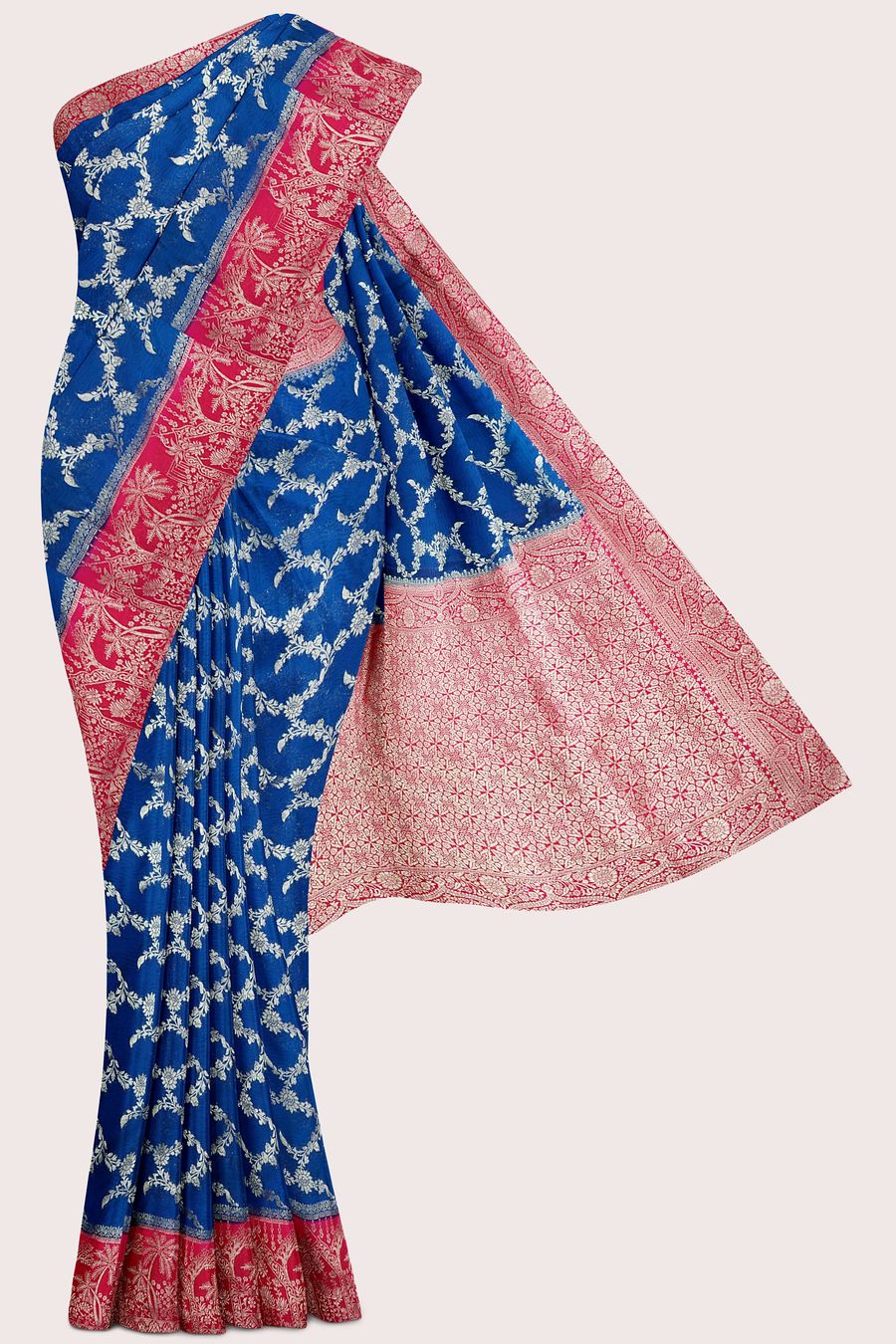 Mashru Silk Emboose Weaving Peacock Blue With Pink Saree