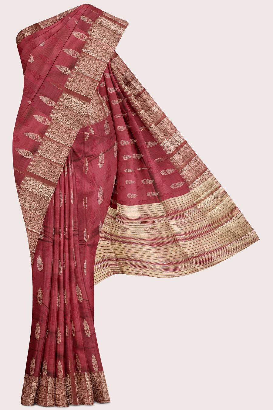 Fancy Semi Tussar Silk Gold Zari Flower Butti Bright Maroon Saree