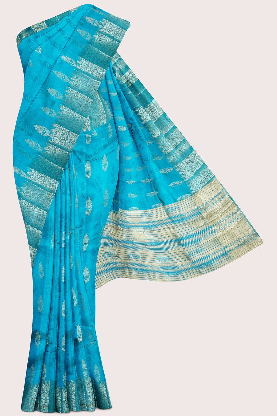 Fancy Semi Tussar Silk Gold Zari Flower Butti Coppersulphate Blue Saree