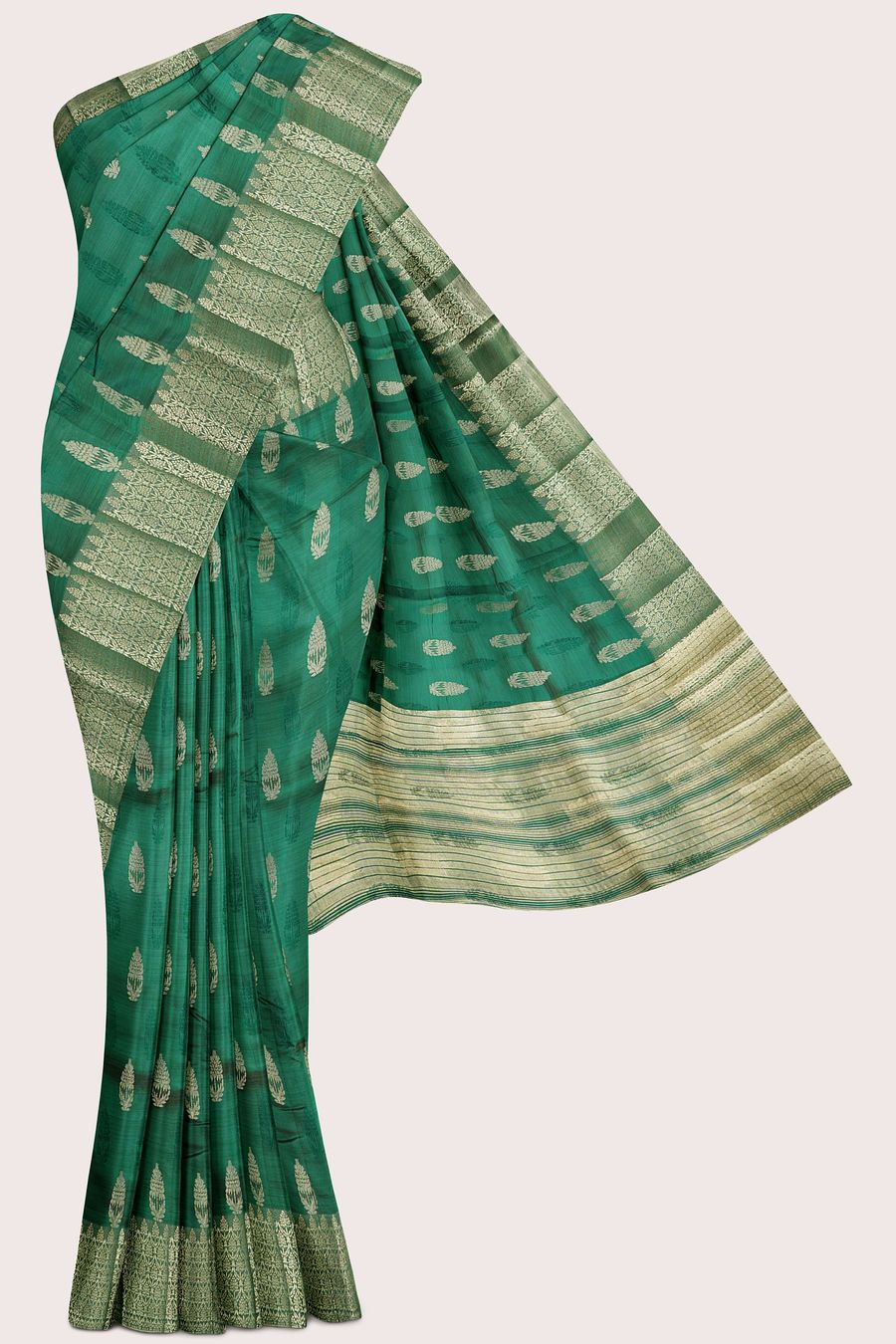 Fancy Semi Tussar Silk Gold Zari Flower Butti Dark Green Saree