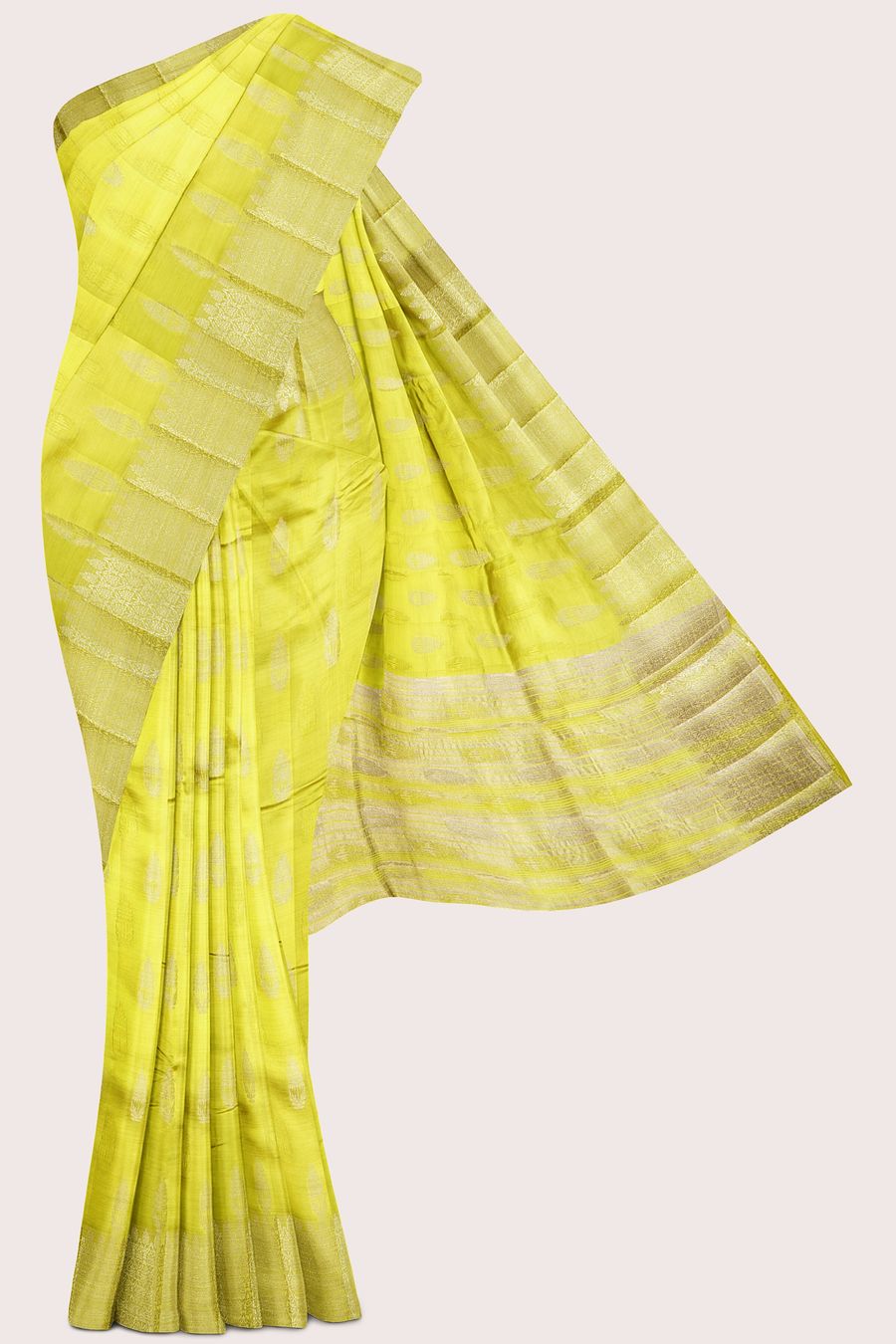 Fancy Semi Tussar Silk Gold Zari Flower Butti Lamon Yellow Saree
