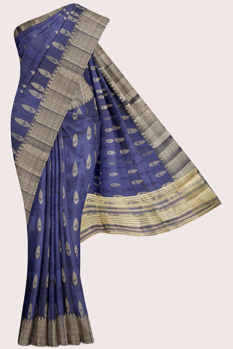 Fancy Semi Tussar Silk Gold Zari Flower Butti Navy Blue SAree