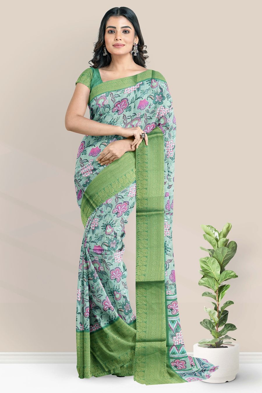 Silk Kota Kanchi Broder Digital Print Light And Dark Green Saree