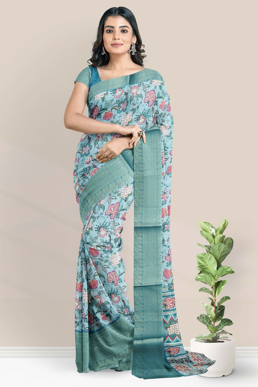 Silk Kota Kanchi Broder Digital Print Light And Dark Pastel Blue Saree