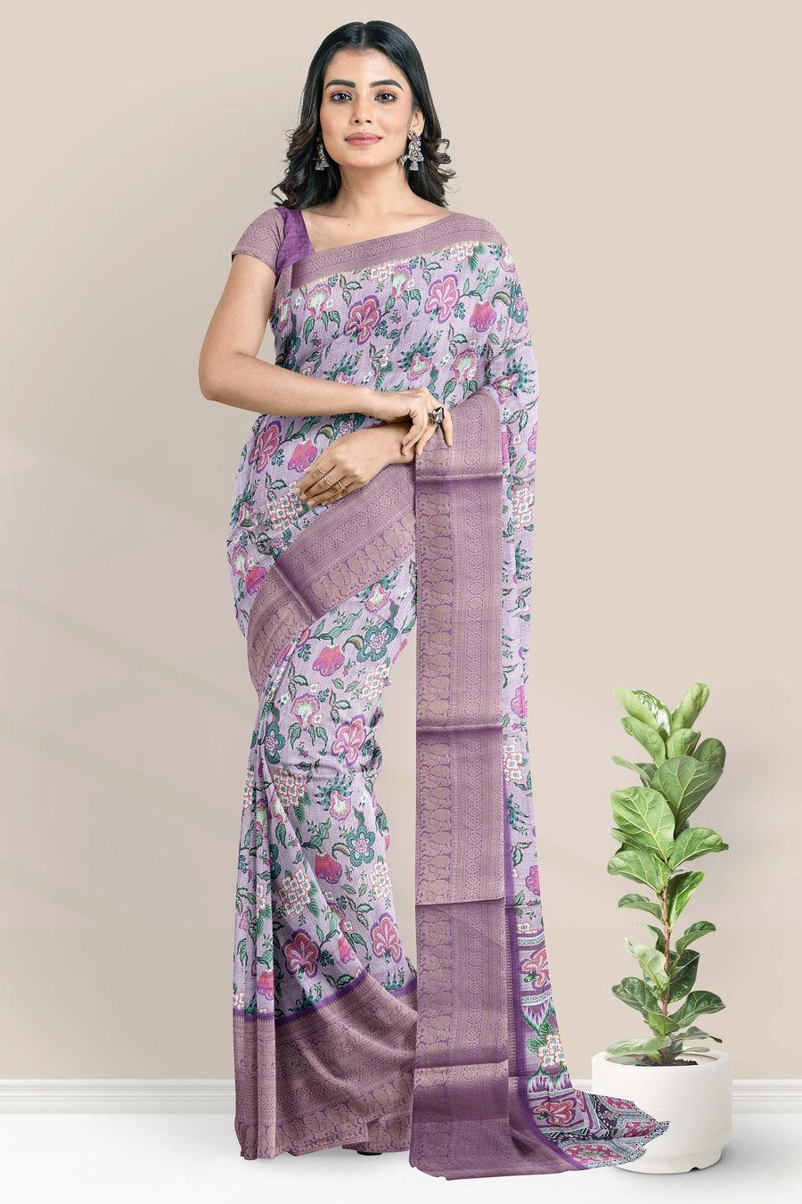 Silk Kota Kanchi Broder Digital Print Light And Dark Lavender Saree