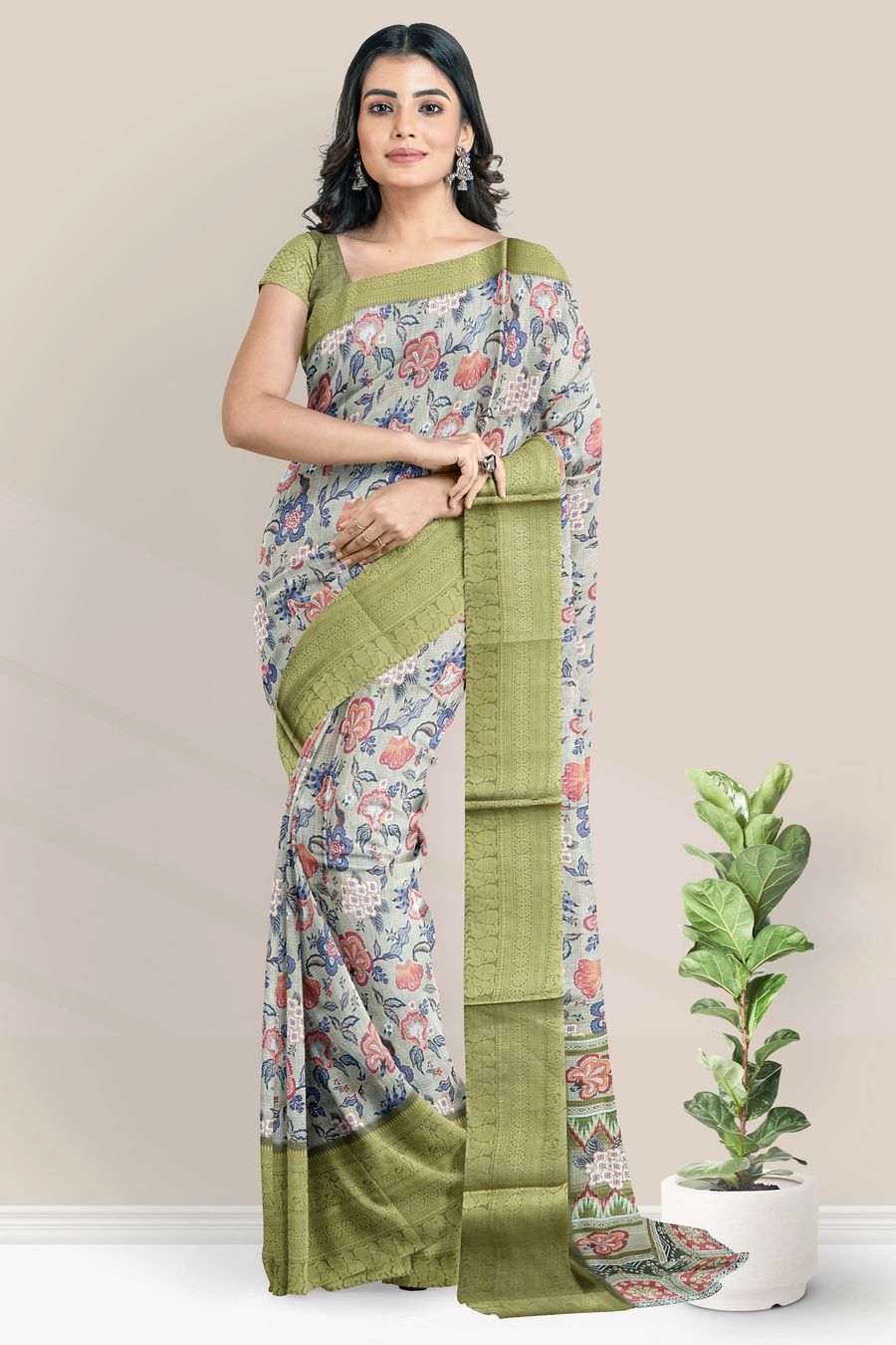 Silk Kota Kanchi Broder Digital Print Light And Dark Mehandi Green Saree