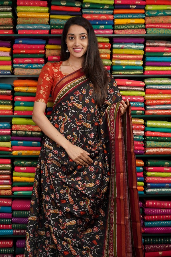 Semi Soft Mangalagiri Silk Printed Black And Maroon Saree