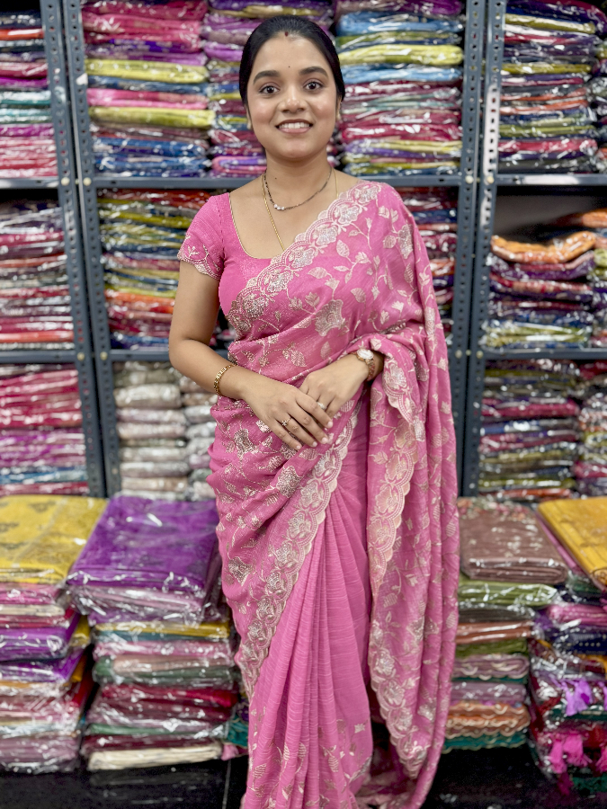 Party Wear Shimmer Tissue Pink Saree