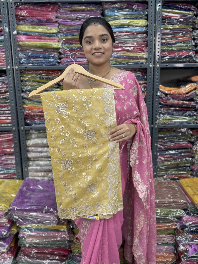 Party Wear Shimmer Tissue Yellow Saree