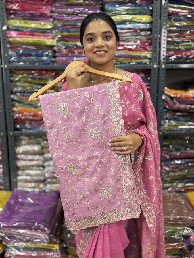 Party Wear Shimmer Tissue Bubblegum Pink Saree