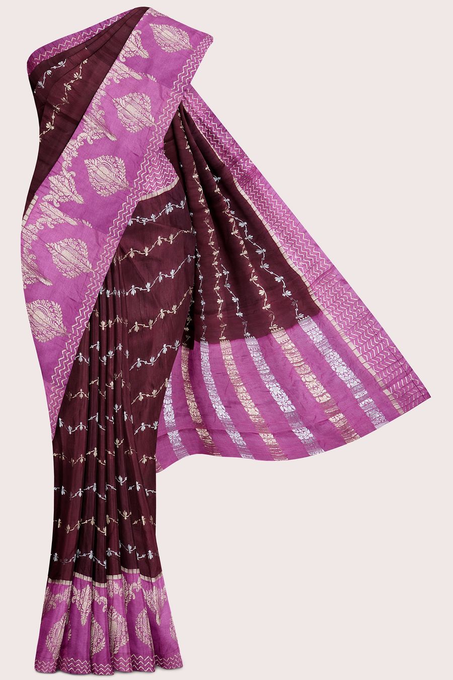 Soft Crushed Silk Silver And Gold Lines Maroon With Pink Saree