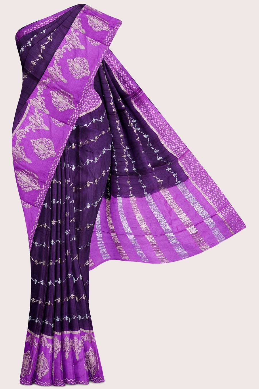 Soft Crushed Silk Silver And Gold Lines Purple With Brinjal Saree