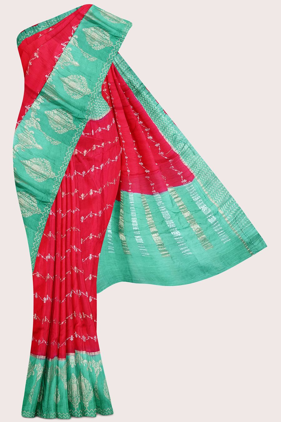 Soft Crushed Silk Silver And Gold Lines Pink With Green Saree