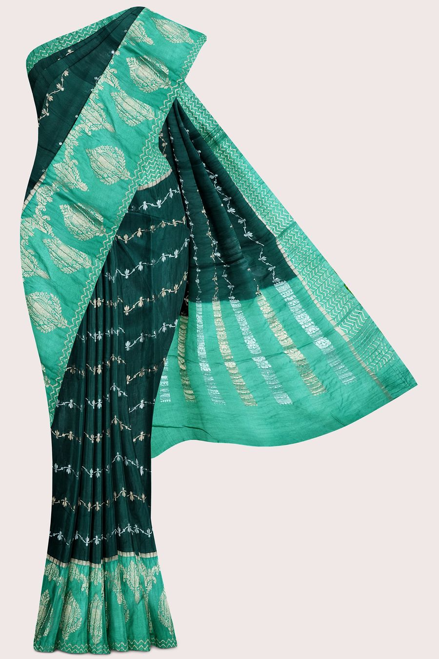 Soft Crushed Silk Silver And Gold Lines Green With Pista Green Saree