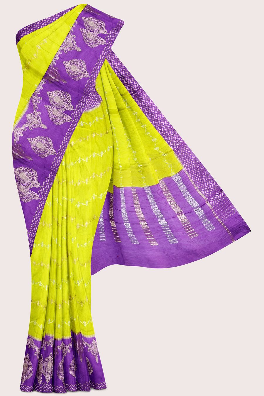 Soft Crushed Silk Silver And Gold Lines Lemon Yellow With Purple Saree