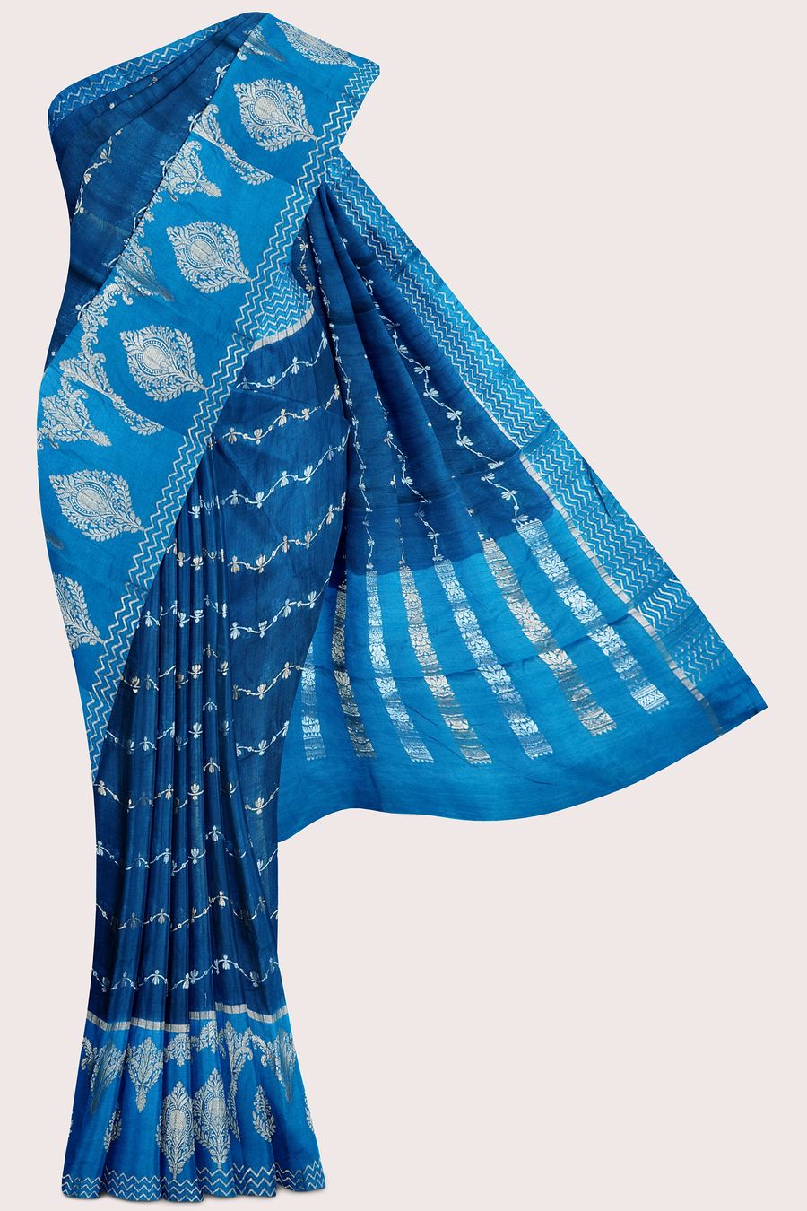 Soft Crushed Silk Silver And Gold Lines Peacock Blue With Blue Saree