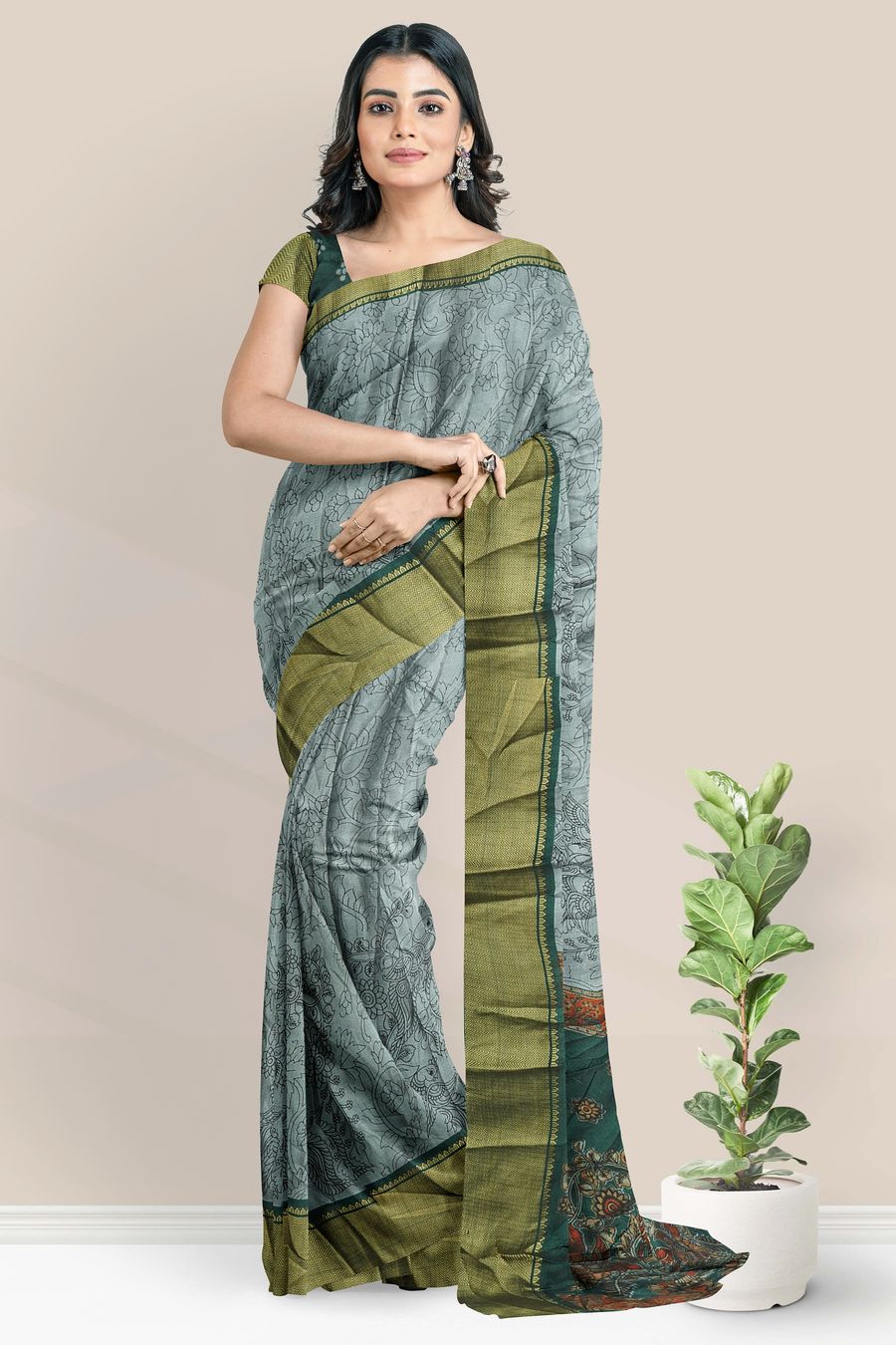 Fancy Silk Pen Kalamkari Print Ash With Green Saree
