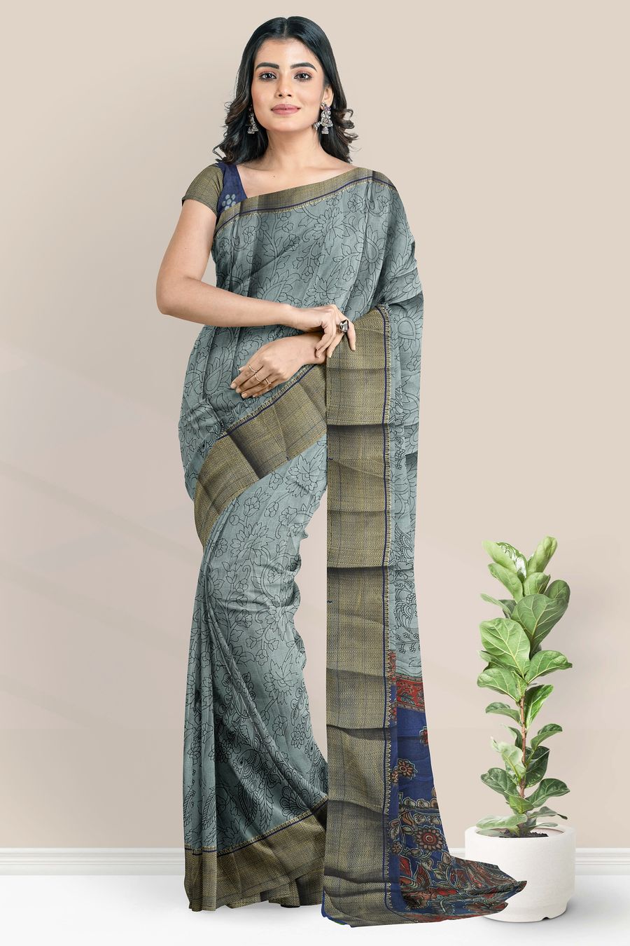 Fancy Silk Pen Kalamkari Print Ash With Dark Navy Blue Saree