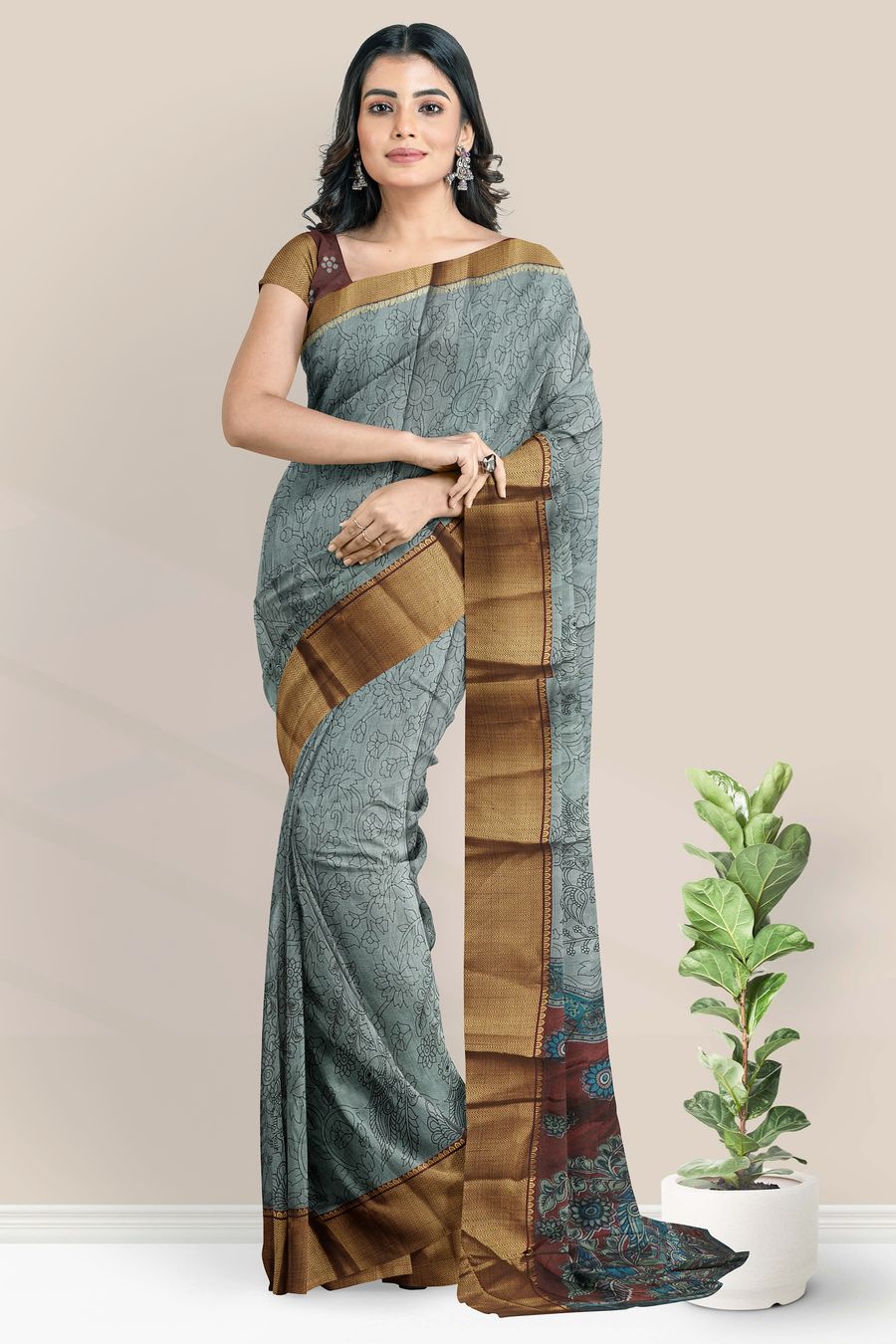 Fancy Silk Pen Kalamkari Print Ash With Maroon Saree