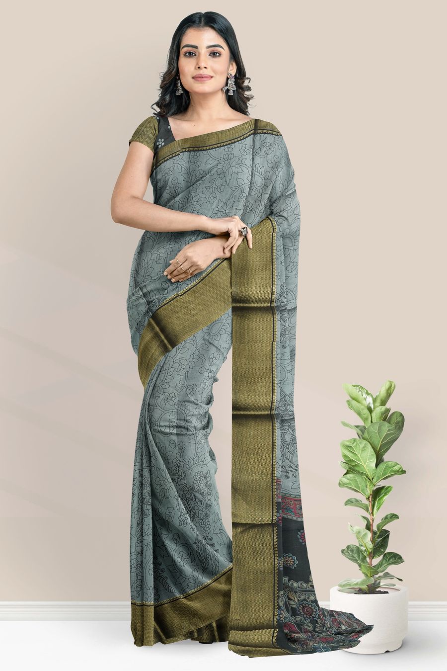 Fancy Silk Pen Kalamkari Print Ash With Black Saree