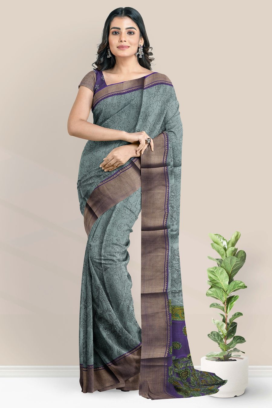 Fancy Silk Pen Kalamkari Print Ash With Purple Saree