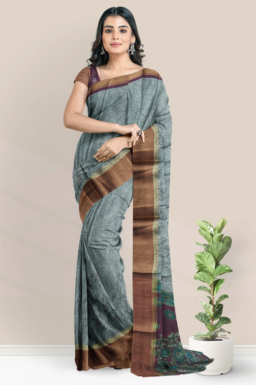 Fancy Silk Pen Kalamkari Print Ash With Wine Saree
