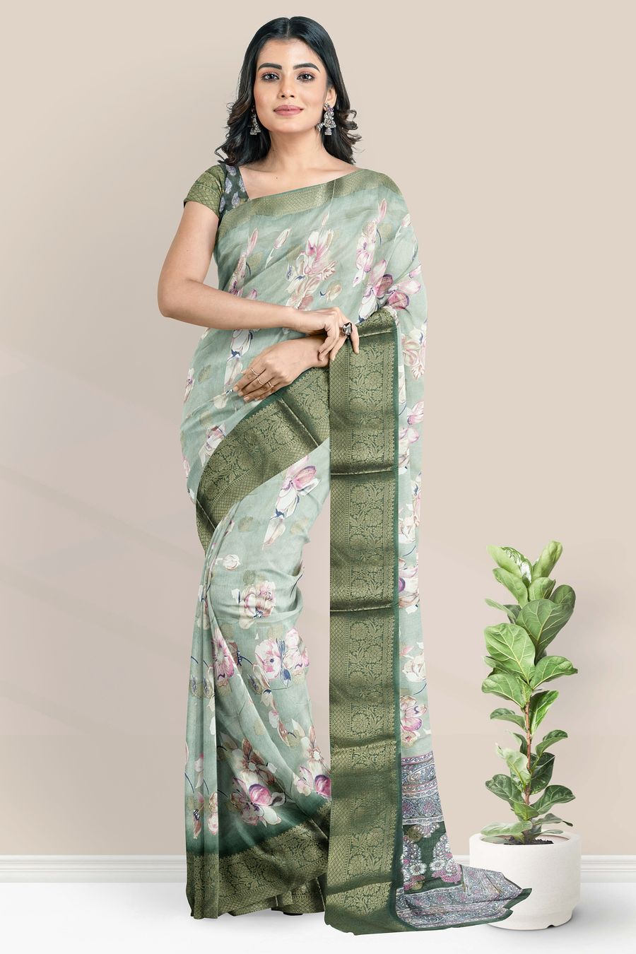 Semi Dola Silk Floral Print Light And Dark Teal Green Saree