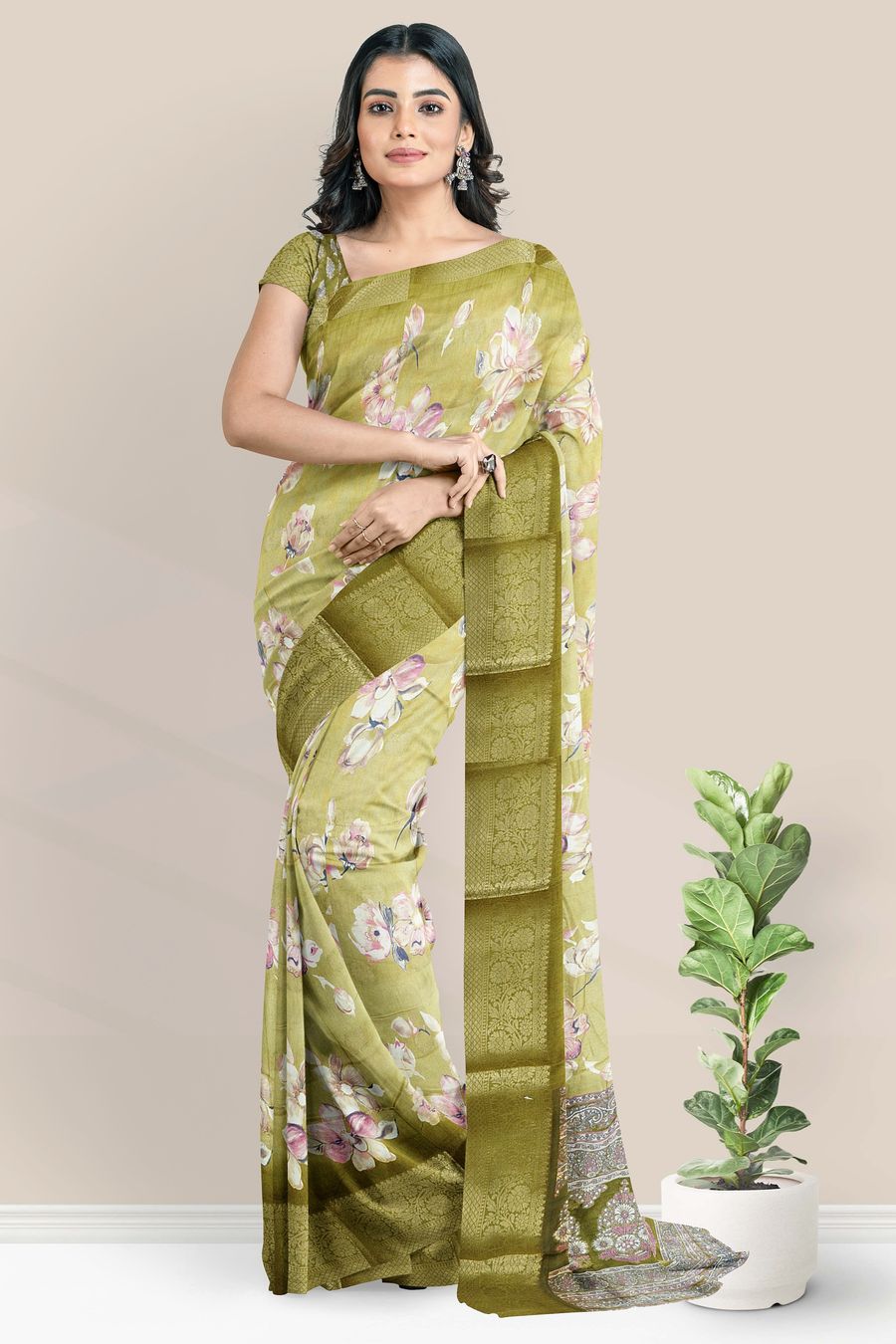 Semi Dola Silk Floral Print Light And Dark Pesara Green Saree