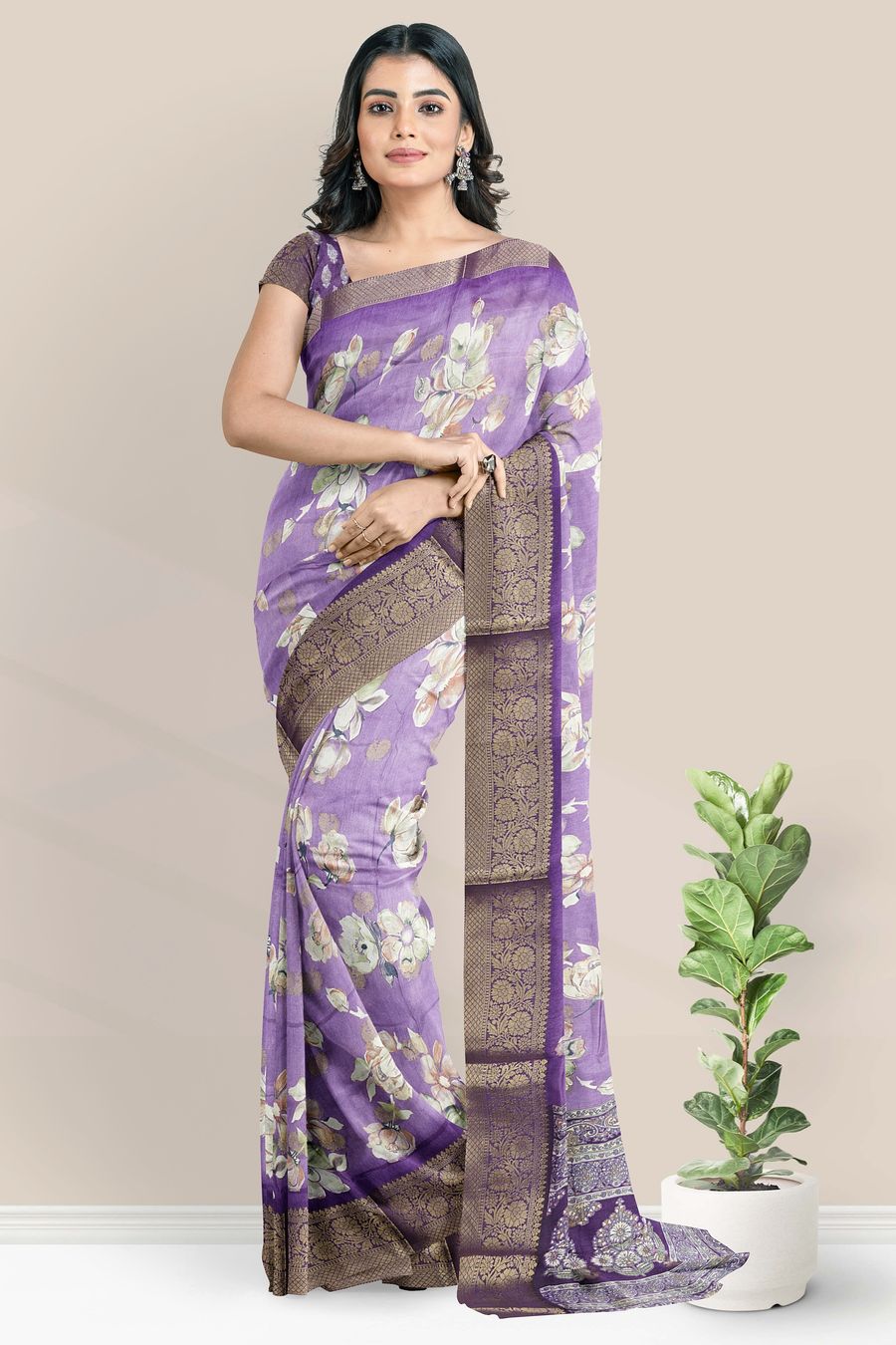 Semi Dola Silk Floral Print Light And Dark Lavender Saree