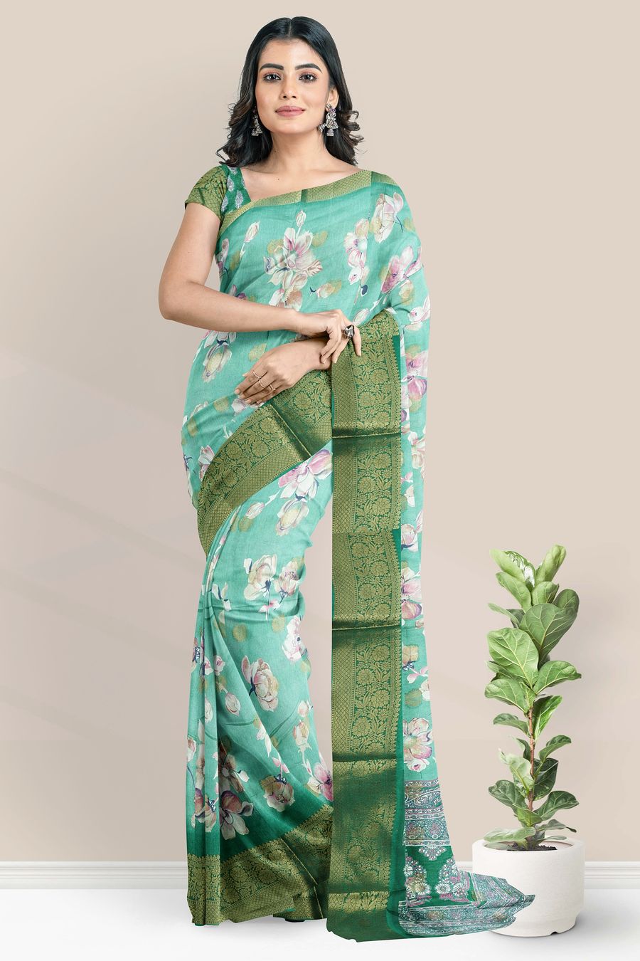 Semi Dola Silk Floral Print Light And Dark Green Saree