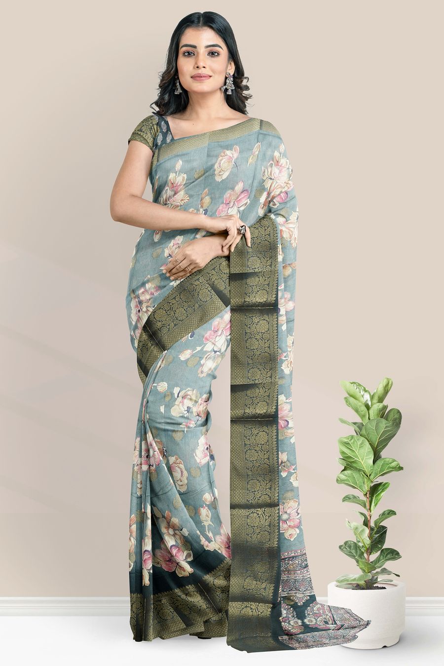 Semi Dola Silk Floral Print Light And Dark Ash Saree