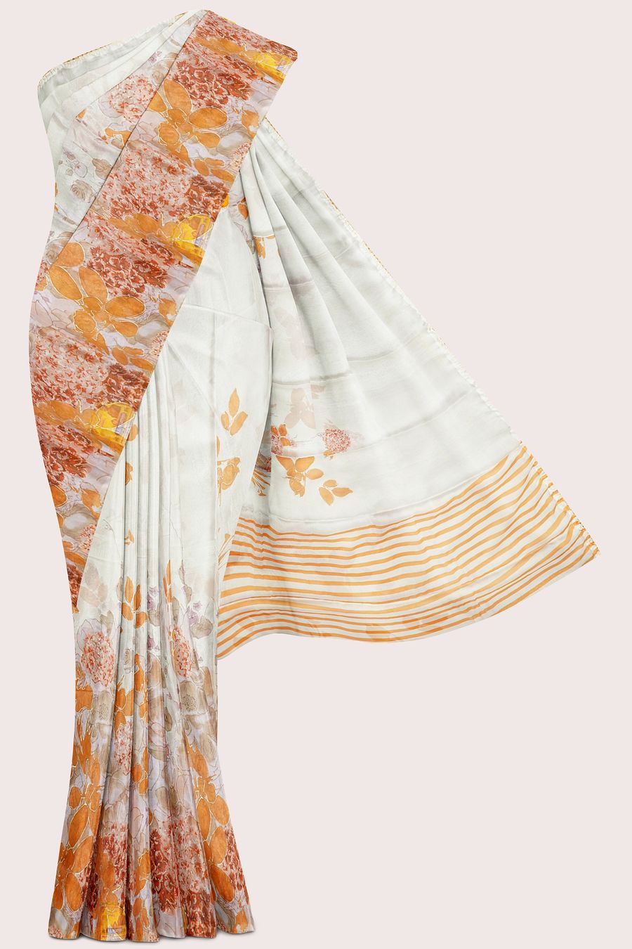 Chiffon Kundan Work Floral Print Cream With Orange Saree