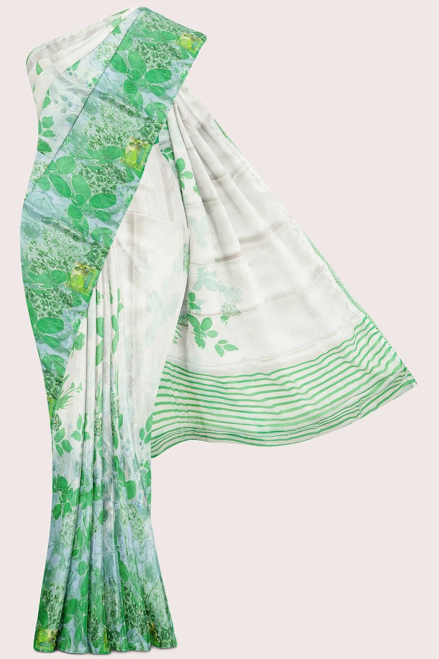 Chiffon Kundan Work Floral Print Cream With Green Saree