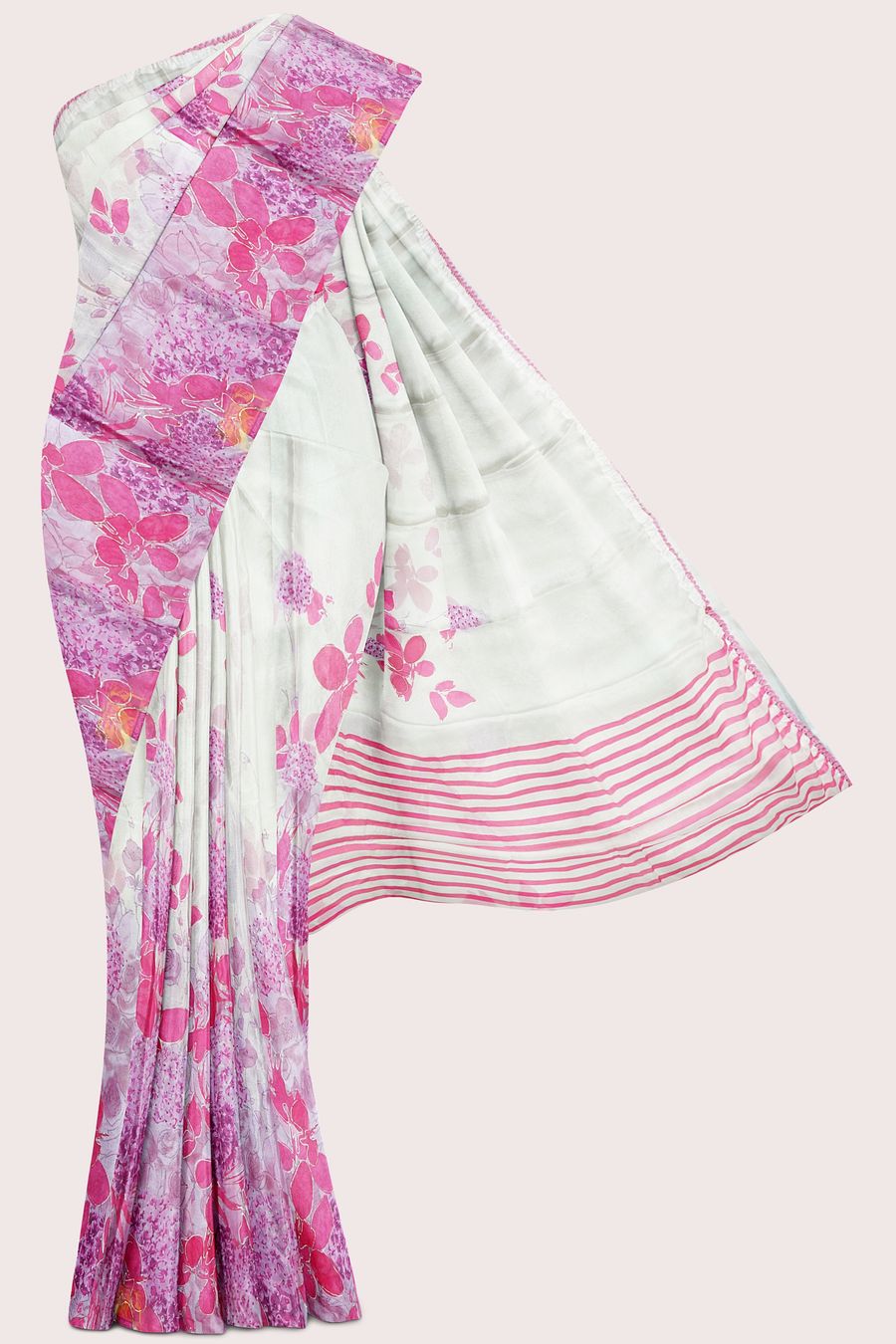 Chiffon Kundan Work Floral Print Cream With Pink Saree