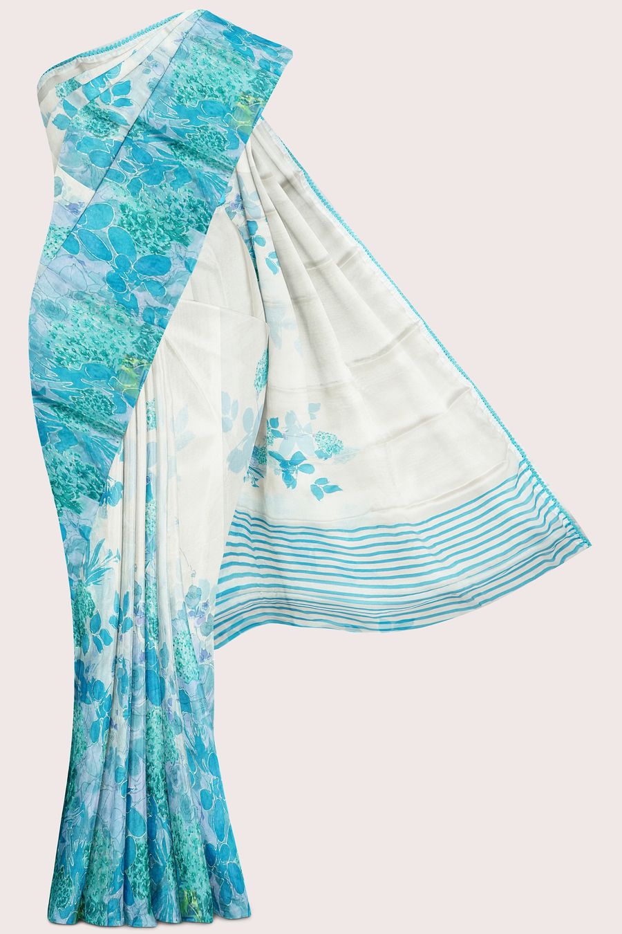 Chiffon Kundan Work Floral Print Cream With Sky Blue Saree