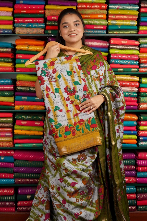 Soft Mangalagiri Shibori with Kalamkari Print Yellow Saree