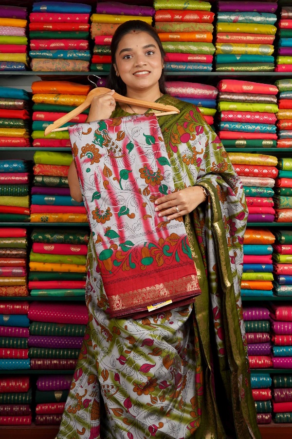 Soft Mangalagiri Shibori with Kalamkari Print Red Saree