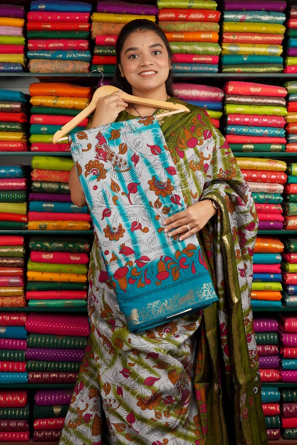 Soft Mangalagiri Shibori with Kalamkari Print Rama Blue Saree