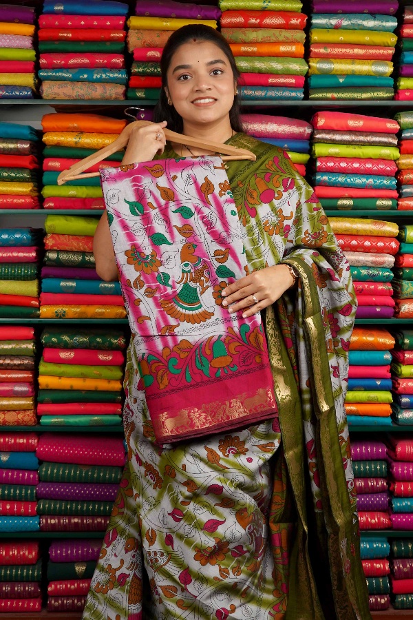 Soft Mangalagiri Shibori with Kalamkari Print Pink Saree