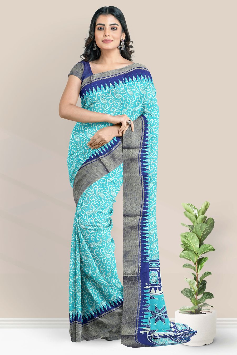 Mulmul Crushed Silk Bathik Print Sea Blue With Navy Blue Saree