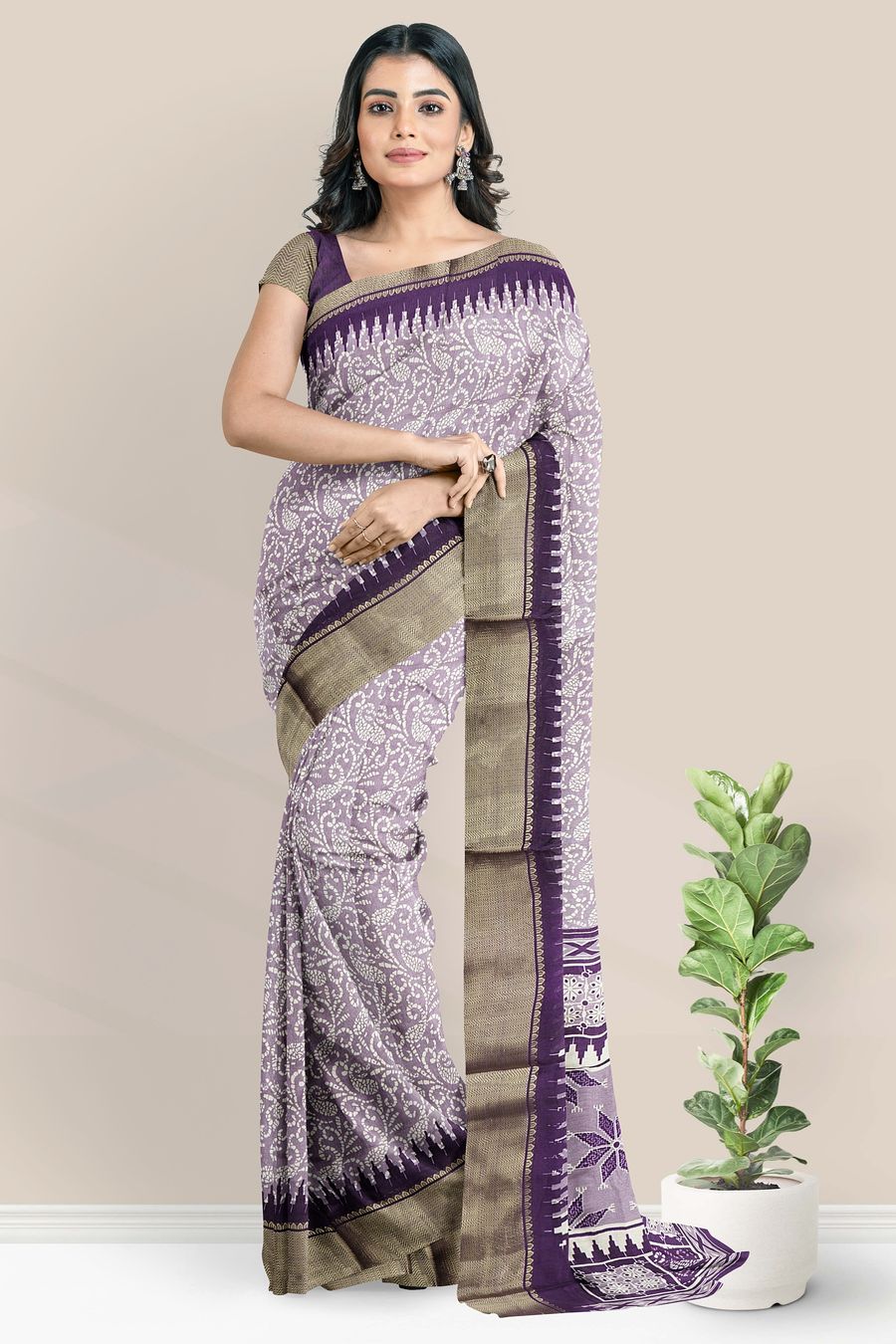 Mulmul Crushed Silk Bathik Print Dark Lavender With Dark Purple Saree