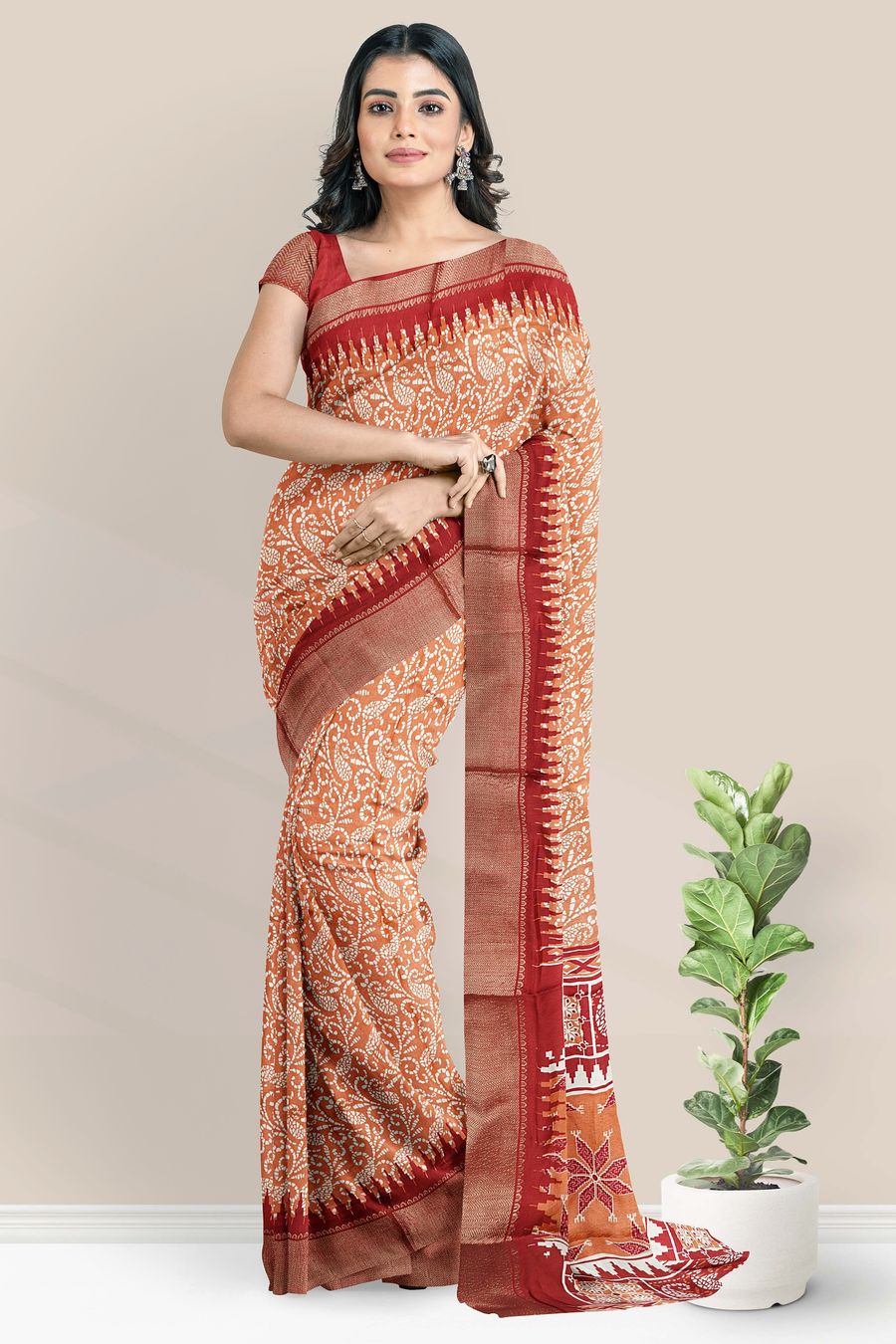 Mulmul Crushed Silk Bathik Print Brick Red With Maroon Red Saree