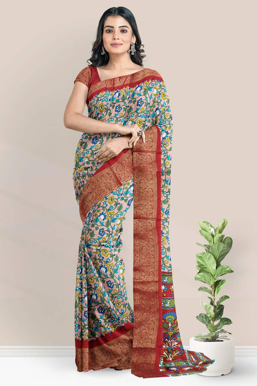 Mulmul Crushed Silk Floral Print Kanakambaram With Maroon Saree