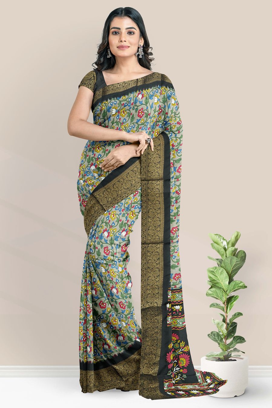 Mulmul Crushed Silk Floral Print Ash With Black Saree