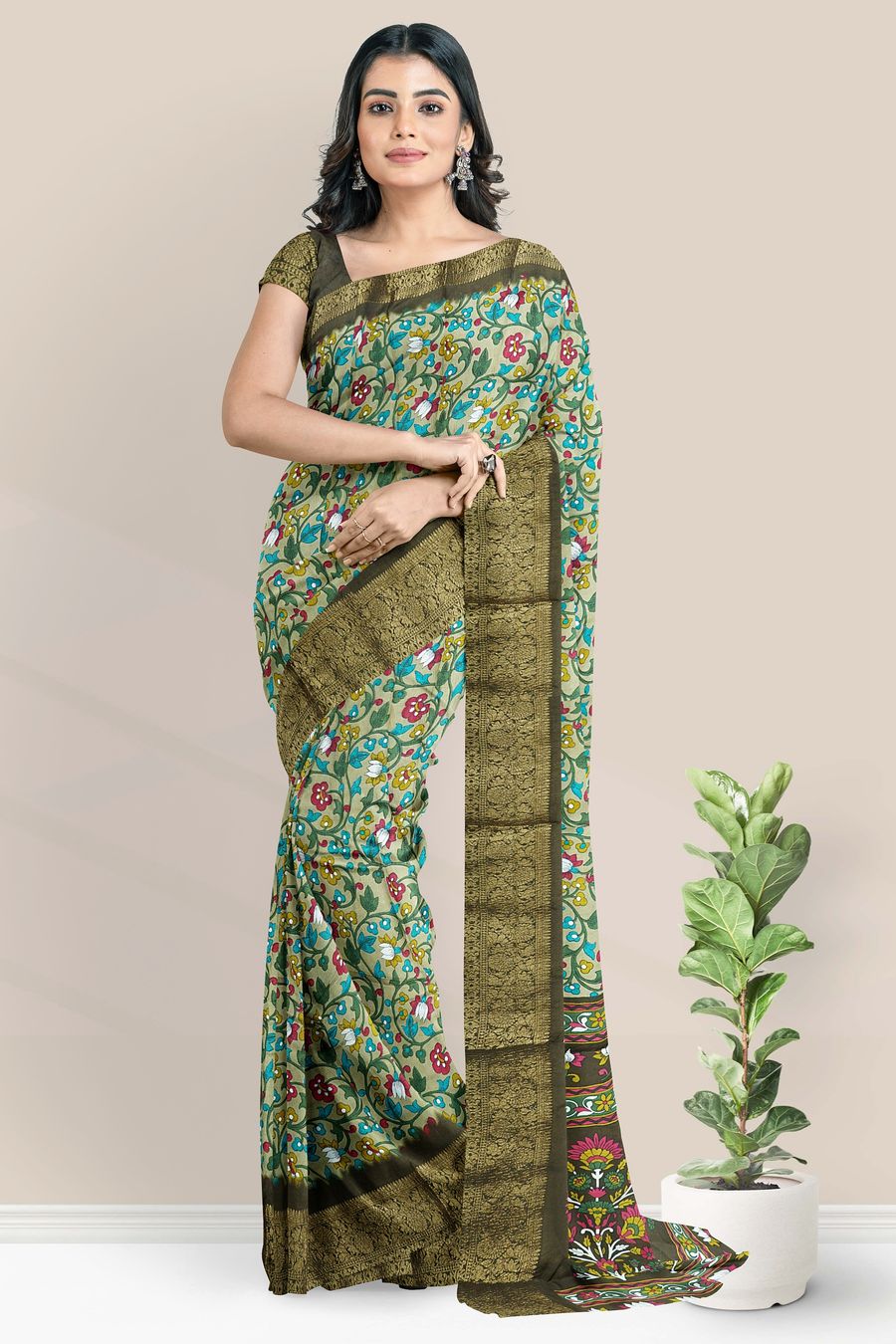 Mulmul Crushed Silk Floral Print Mehandi Green With Pachi Green Saree