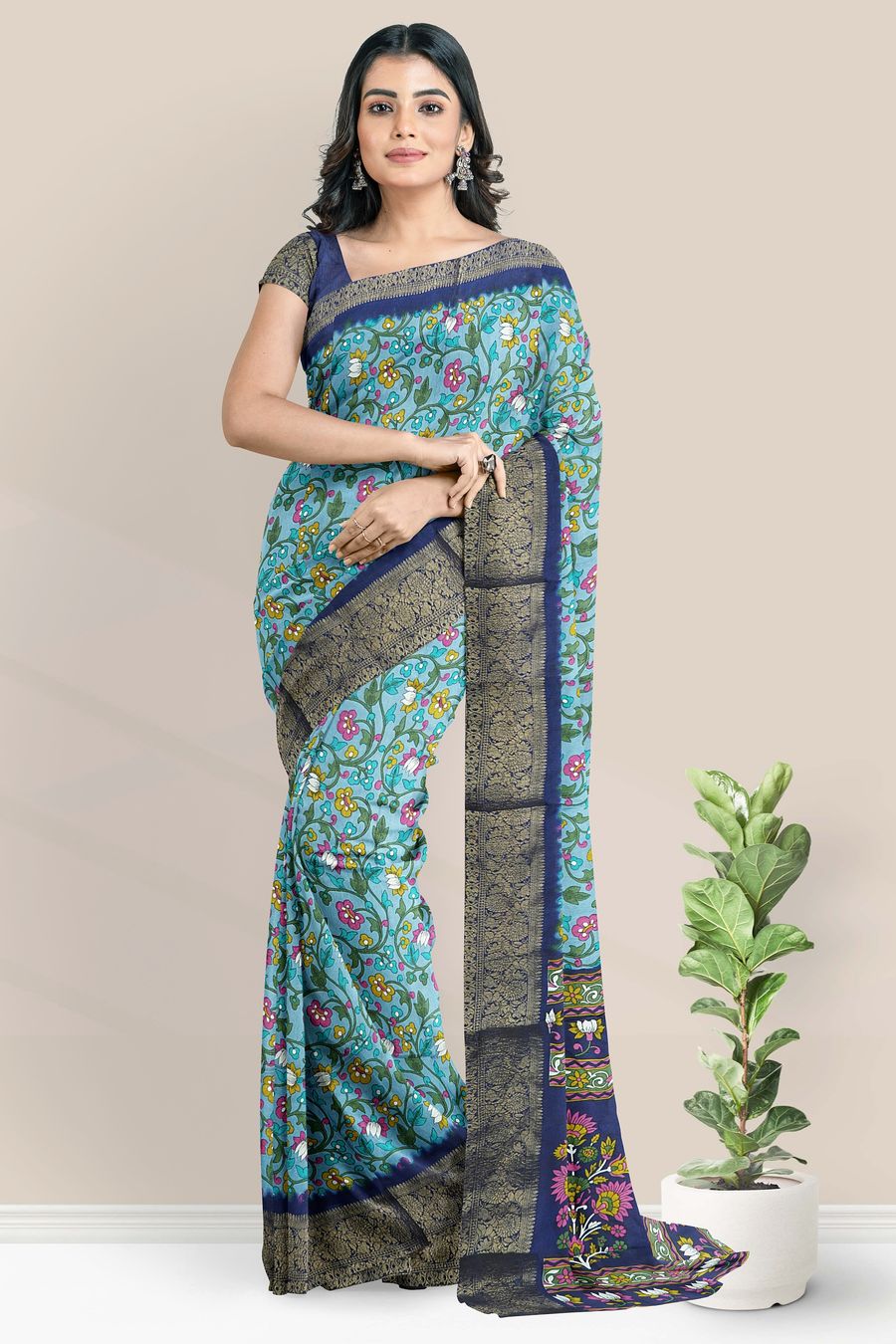Mulmul Crushed Silk Floral Print Light Blue With Navy Blue Saree